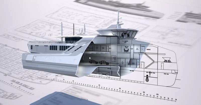 Desenho técnico de um navio mostrando as linhas do casco