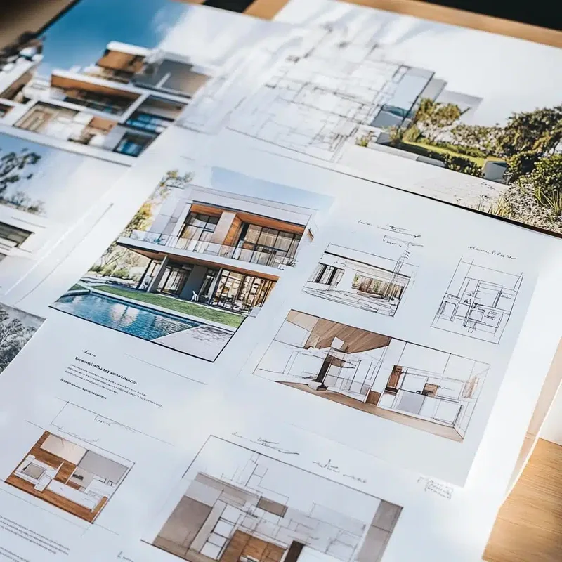 Portfólio arquitetônico aberto com desenhos e plantas