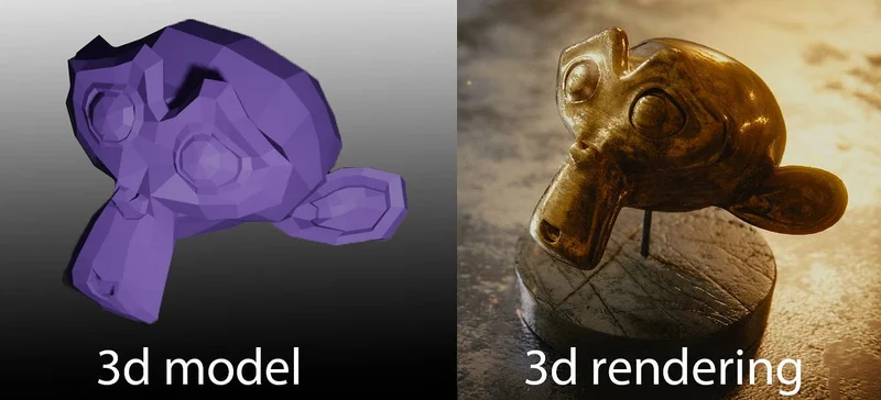 Comparação lado a lado de um modelo 3D simples do SketchUp e a mesma cena após ser renderizada, com realismo.