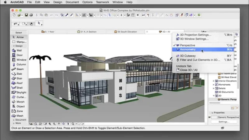Interface do Archicad com modelo 3D