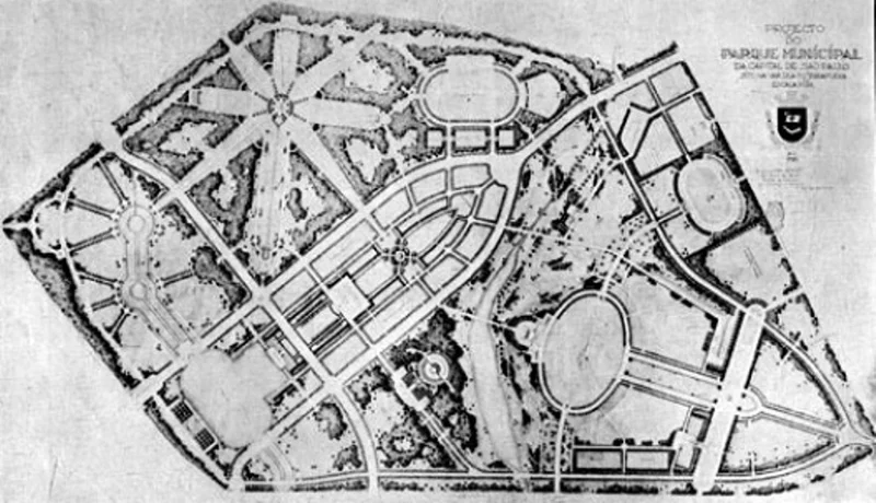 Planta original do Parque Ibirapuera com destaque para a localização prevista do auditório