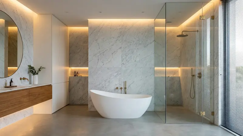 Bancada de banheiro moderna com iluminação embutida e superfícies sintéticas