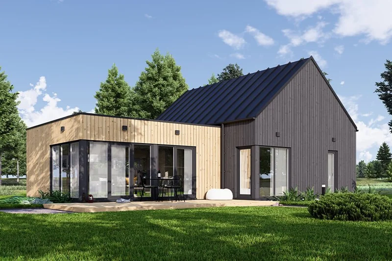 Casa de madeira moderna com grandes janelas e integração com a natureza