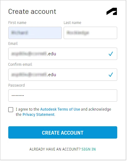 Tela de cadastro na comunidade educacional da Autodesk.