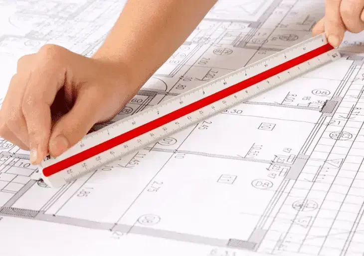 Arquiteto utilizando um escalímetro sobre uma planta baixa.