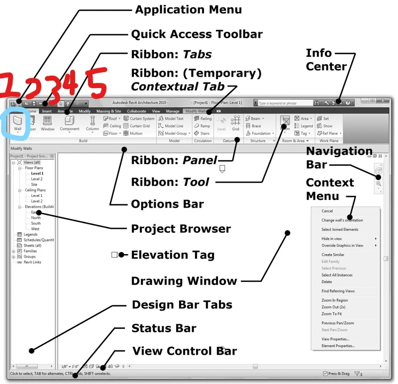 Interface do Revit com destaque para as barras de ferramentas e navegador de projeto