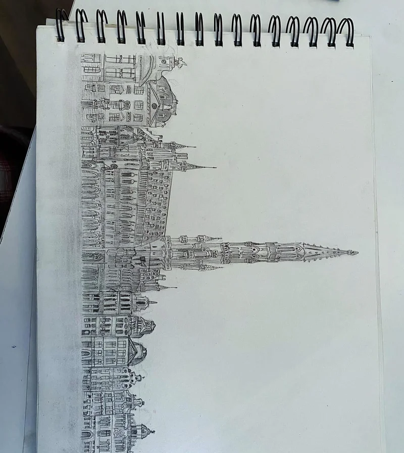 Uma colagem de imagens representando diferentes hobbies e interesses, como fotografia, viagens e música, ao lado de desenhos de arquitetura.