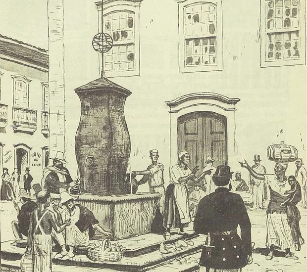 Ilustração antiga do Chafariz da Misericórdia em São Paulo