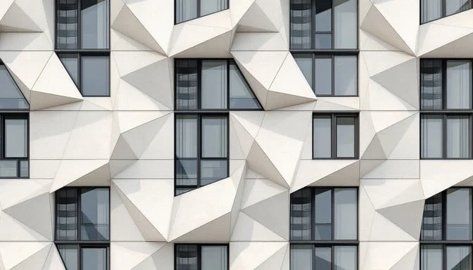 Fachada com padrões geométricos repetidos e texturas