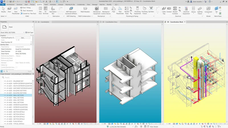 Interface do Autodesk Revit mostrando um projeto BIM integrado