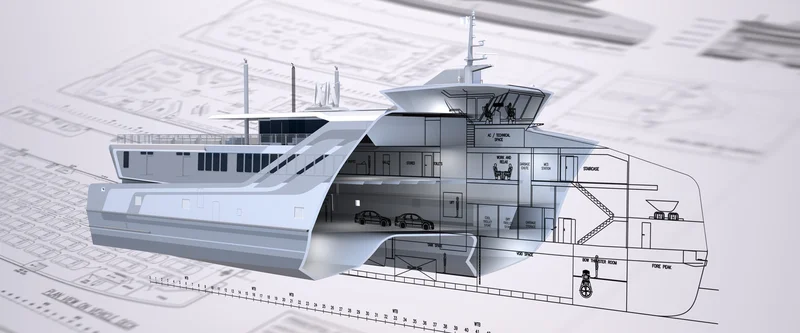 Desenho técnico de um navio mostrando as linhas do casco