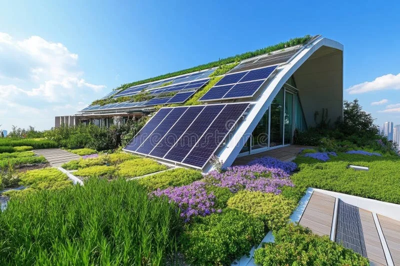 Edifício sustentável com painéis solares e áreas verdes integradas