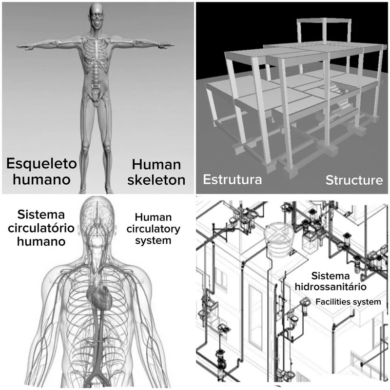 Esquema 3D de um sistema hidrossanitário em uma residência.