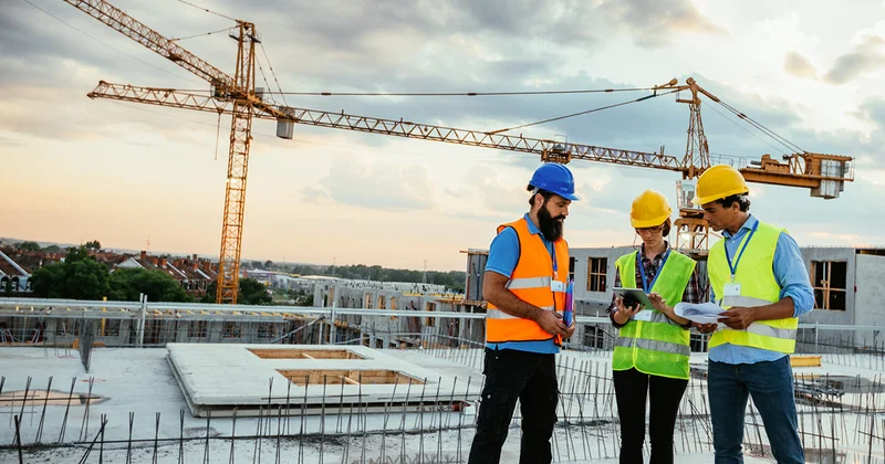 Visão geral de um canteiro de obras organizado com equipamentos e trabalhadores sob a supervisão de uma empreiteira