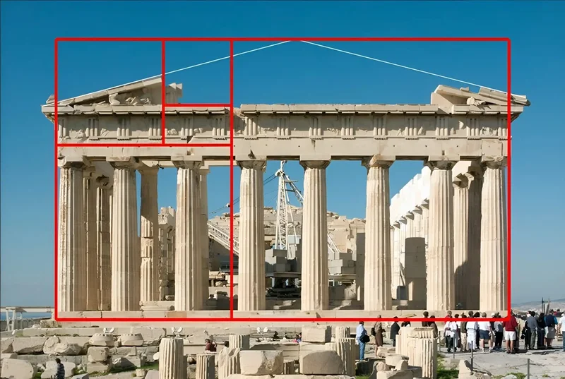 Comparação visual entre um edifício de escala grande e um detalhe arquitetônico de escala pequena