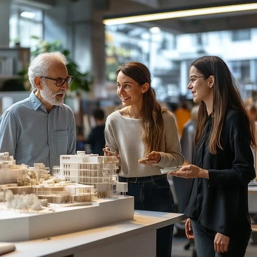 Arquitetos discutindo maquete em escala detalhada