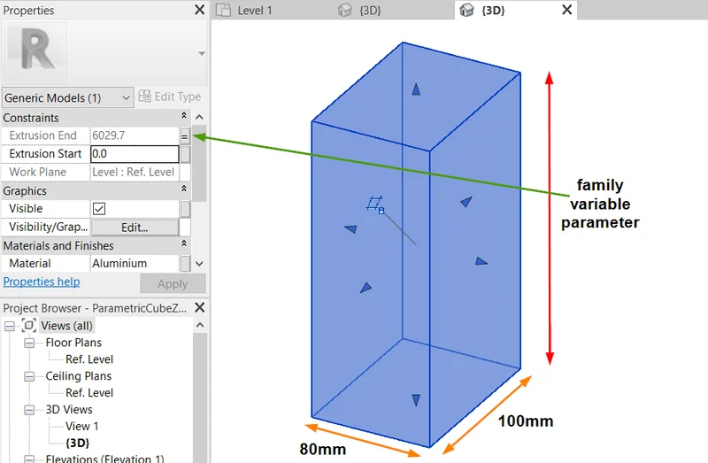 Interface do Revit mostrando famílias paramétricas