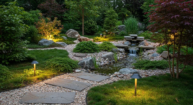 clareira de jardim com fonte e bancos