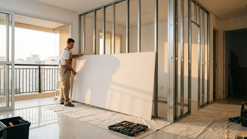 Ambiente moderno com paredes de drywall perfeitamente acabadas, mostrando a versatilidade do material.
