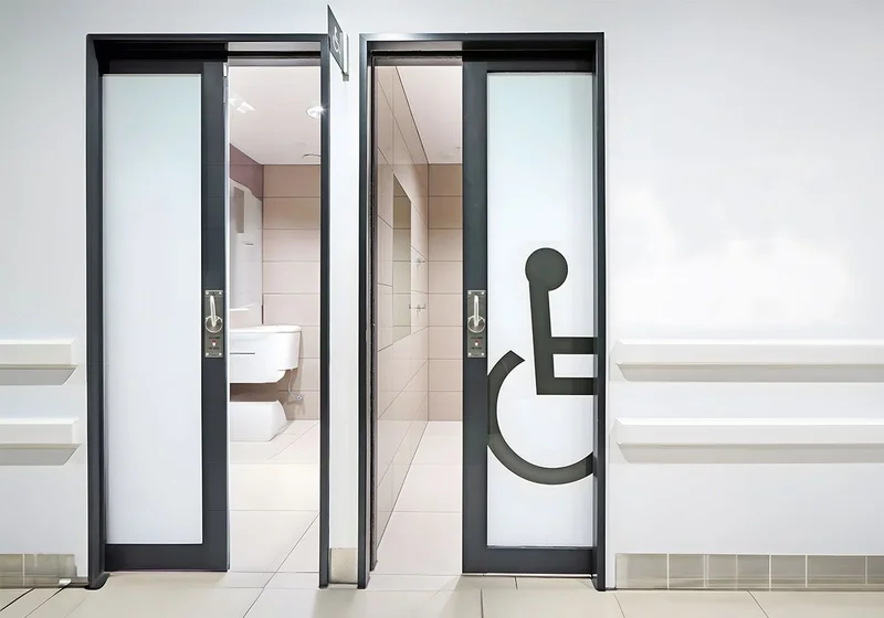 Porta de um banheiro acessível com vão livre de 80cm e maçaneta do tipo alavanca.