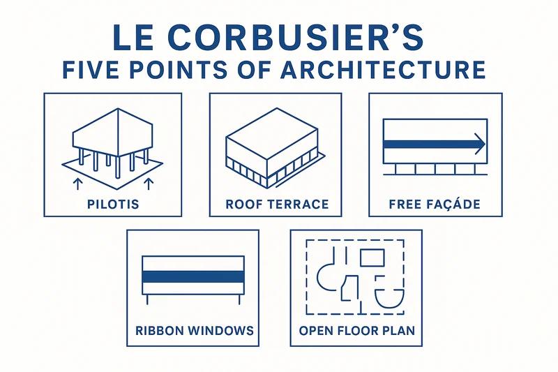 Diagrama ilustrando os Cinco Pontos da Nova Arquitetura de Le Corbusier.