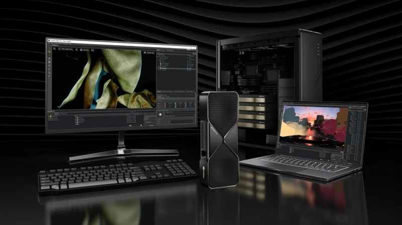 Estação de trabalho de alta performance com múltiplos monitores exibindo uma cena complexa no Lumion.