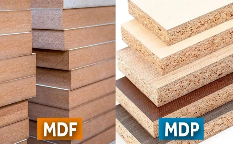 Painéis MDP e MDF lado a lado mostrando texturas diferentes