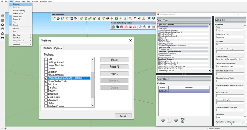 Interface do SketchUp com diversos plugins instalados, mostrando ícones de ferramentas adicionais.