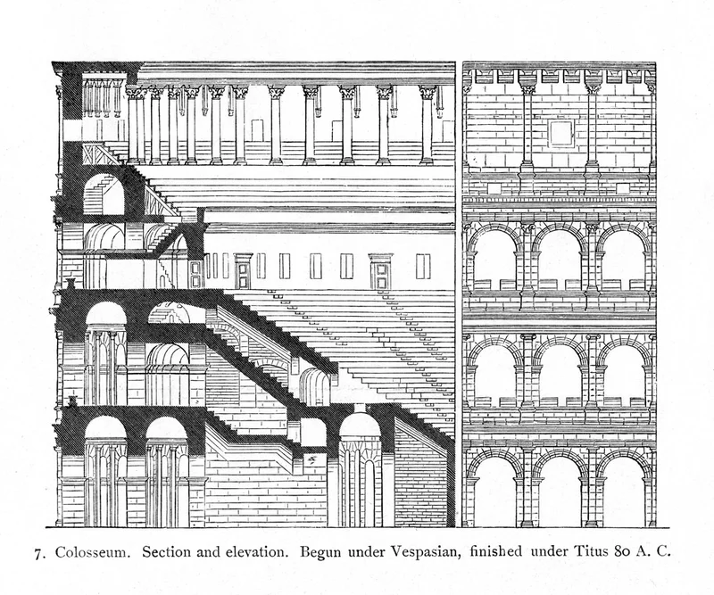 Ilustração da seção transversal do Coliseu mostrando a estrutura de concreto e travertino.