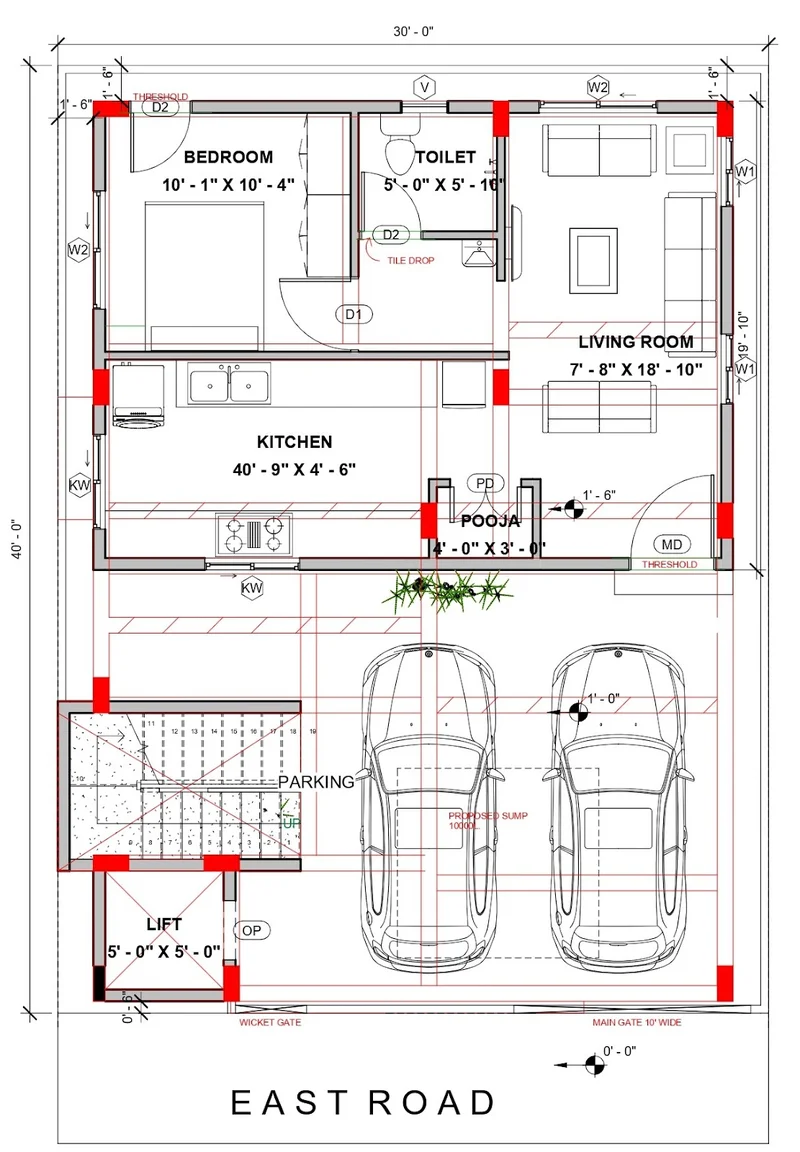 Planta arquitetônica com orientação norte destacada