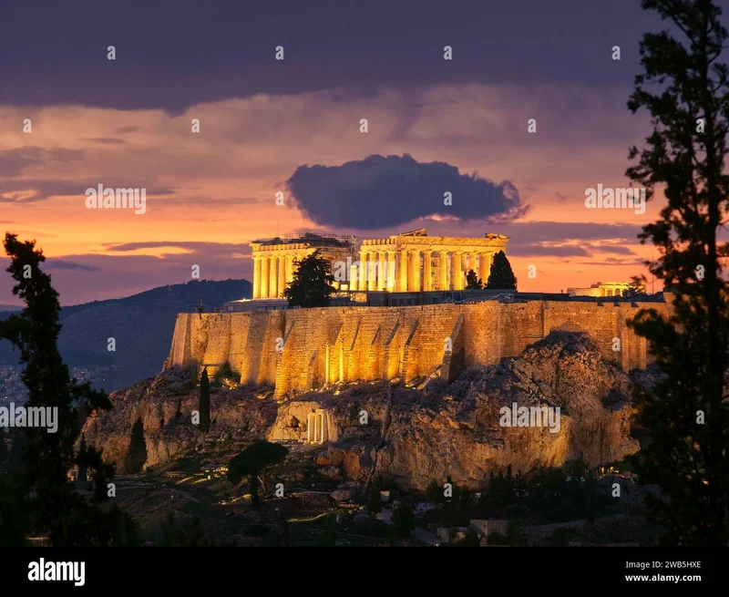 Vista panorâmica do Partenon na Acrópole de Atenas ao pôr do sol