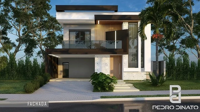 Renderização 3D de um sobrado moderno com grandes aberturas e integração com a natureza