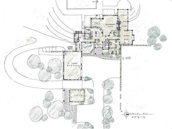 Planta baixa de um projeto de casa com anotações e um lápis.