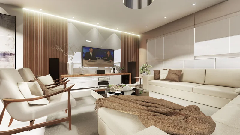 Sala de estar planejada com sofá modular e estante embutida