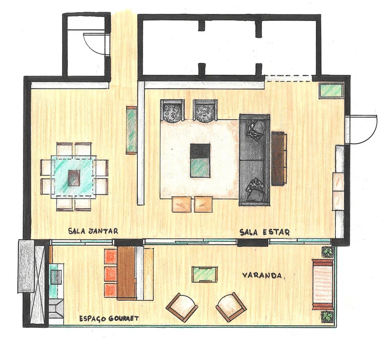 Planta baixa de sala planejada com indicação de mobiliário e circulação