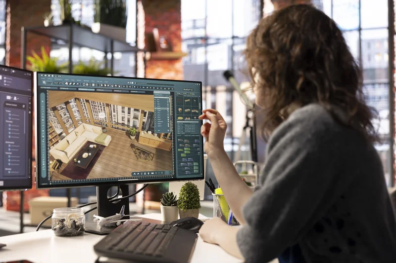 Arquiteto trabalhando em um projeto de arquitetura em um computador com múltiplos monitores exibindo softwares de CAD e 3D.