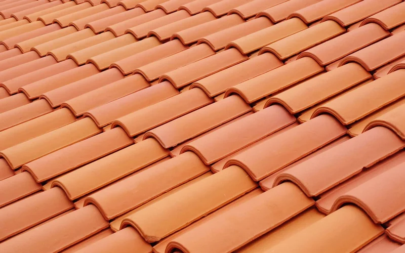 Telhado de uma casa com telhas de cerâmica do tipo portuguesa, mostrando a textura e a cor avermelhada característica.
